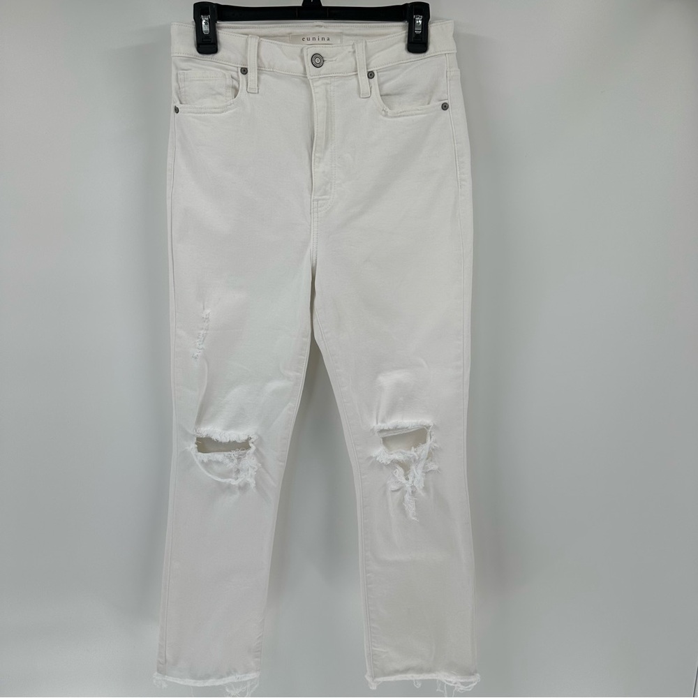 Eunina Ally Women Ultra High Rise 9 White Crop Jeans Distressed Hem Y2K Boho - Picture 2 of 11